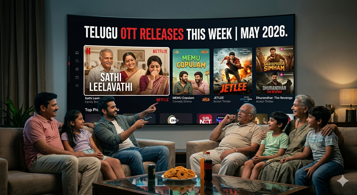 New Telugu OTT Releases This Week (May 2026) — Netflix, Prime Video, Aha, ZEE5, JioHotstar & More The latest Telugu OTT releases this week bring an exciting mix of action dramas, thrillers, family entertainers, and comedy films across major streaming platforms. Whether you enjoy binge-watching Telugu movies on Netflix or discovering hidden gems on Aha and Sun NXT, this week’s digital lineup has something for every kind of viewer. From much-awaited Telugu movie premieres to trending dubbed releases, here’s a complete roundup of the newest OTT releases streaming this week in May 2026. Latest Telugu OTT Releases Streaming This Week Sathi Leelavathi Streaming Platform: Netflix Genre: Family Drama One of the most talked-about Telugu digital releases this week, Sathi Leelavathi blends emotional storytelling with humor and family drama. The film has already generated buzz among OTT audiences for its relatable characters and engaging screenplay. Why watch: Emotional family entertainer Strong performances Balanced comedy and drama Memu Copulam Streaming Platform: Aha Genre: Comedy Drama A lighthearted Telugu comedy-drama, Memu Copulam focuses on friendship, misunderstandings, and everyday chaos. The movie is expected to appeal to audiences looking for a feel-good weekend watch. Highlights: Fun ensemble cast Clean comedy Family-friendly entertainment JetLee Streaming Platform: Amazon Prime Video Genre: Action Thriller Packed with intense action and suspense, JetLee arrives on OTT after gaining attention during its theatrical run. Fans of commercial Telugu action entertainers may find this film entertaining. Highlights: Action-heavy screenplay Fast-paced storytelling Mass entertainment appeal GaayaPadda Simham Streaming Platform: JioHotstar Genre: Action Comedy Featuring a mix of comedy, drama, and action, GaayaPadda Simham is among the recent Telugu OTT arrivals attracting attention online. (The Times of India) Why audiences are watching: Unique comedy-action mix Entertaining lead performances Youth-oriented storytelling Dhurandhar: The Revenge Streaming Platform: JioHotstar Genre: Action Thriller This dubbed action thriller joins the growing list of regional films finding success through OTT platforms. The movie features intense revenge drama and stylized action sequences. (Trend raja) Best OTT Platforms for Telugu Movies in 2026 Streaming platforms are heavily investing in Telugu content as regional cinema continues growing rapidly across India and overseas markets. Popular Telugu OTT Apps Netflix Amazon Prime Video Aha ZEE5 JioHotstar Sun NXT SonyLIV These platforms now regularly release: Direct-to-OTT Telugu films Dubbed South Indian movies Telugu web series Exclusive originals Classic Telugu cinema Telugu OTT Trends in 2026 The Telugu OTT market is evolving quickly with changing viewer preferences and increased digital consumption. Rise of Mid-Budget OTT Hits Many Telugu films that may not dominate theaters are finding huge success online due to: Strong word-of-mouth Easy accessibility Growing regional OTT audiences More Dubbed Content Platforms are aggressively adding: Tamil-to-Telugu dubbed films Malayalam thrillers Pan-India action dramas Faster OTT Release Windows Most Telugu theatrical releases now arrive on OTT platforms within a few weeks after cinema release. Which Telugu OTT Release Should You Watch First? Here are quick recommendations based on your mood: Mood Recommended Watch Family Drama Sathi Leelavathi Comedy Entertainment Memu Copulam Action Thriller JetLee Weekend Mass Entertainer GaayaPadda Simham Suspense & Revenge Drama Dhurandhar: The Revenge Final Thoughts The Telugu OTT lineup this week offers a strong mix of comedy, action, suspense, and emotional dramas for streaming audiences. With platforms like Netflix, Prime Video, Aha, and JioHotstar competing aggressively for regional content, Telugu viewers now have more entertainment choices than ever before. Whether you enjoy mass entertainers, family dramas, or thriller-based storytelling, the latest Telugu OTT releases in May 2026 deliver plenty of binge-worthy content for your weekend watchlist. FAQs Which are the latest Telugu OTT releases this week? Some of the latest Telugu OTT releases include Sathi Leelavathi, Memu Copulam, JetLee, and GaayaPadda Simham. (FilmiBeat) Which OTT platform is best for Telugu movies? Popular platforms for Telugu movies include Netflix, Amazon Prime Video, Aha, ZEE5, Sun NXT, and JioHotstar. Are Telugu movies releasing directly on OTT in 2026? Yes, many Telugu films are now opting for direct OTT releases or shorter theatrical-to-digital windows. Where can I watch new Telugu movies online? New Telugu movies are available across streaming services like Aha, Netflix, Prime Video, SonyLIV, and JioHotstar. Are dubbed South Indian movies popular on OTT? Yes, dubbed Telugu versions of Tamil, Malayalam, and Kannada films are becoming extremely popular among OTT audiences.